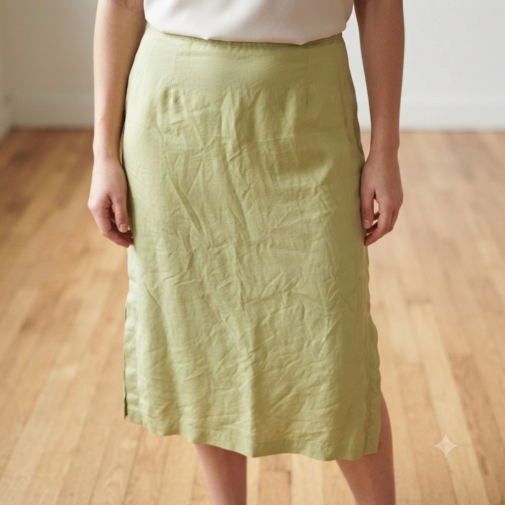 Coldwater Creek Sage Green 100% Silk Maxi Skirt Side Slit Womens Medium